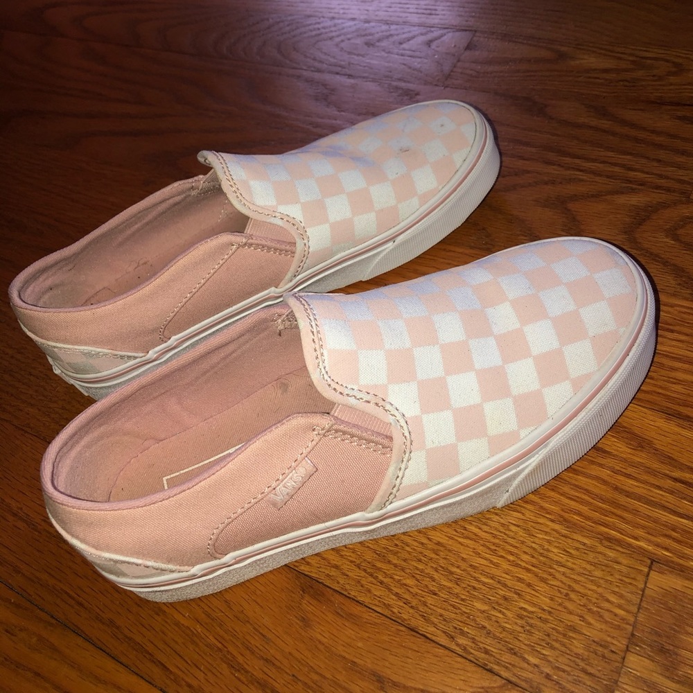 Pink and white slip on vans